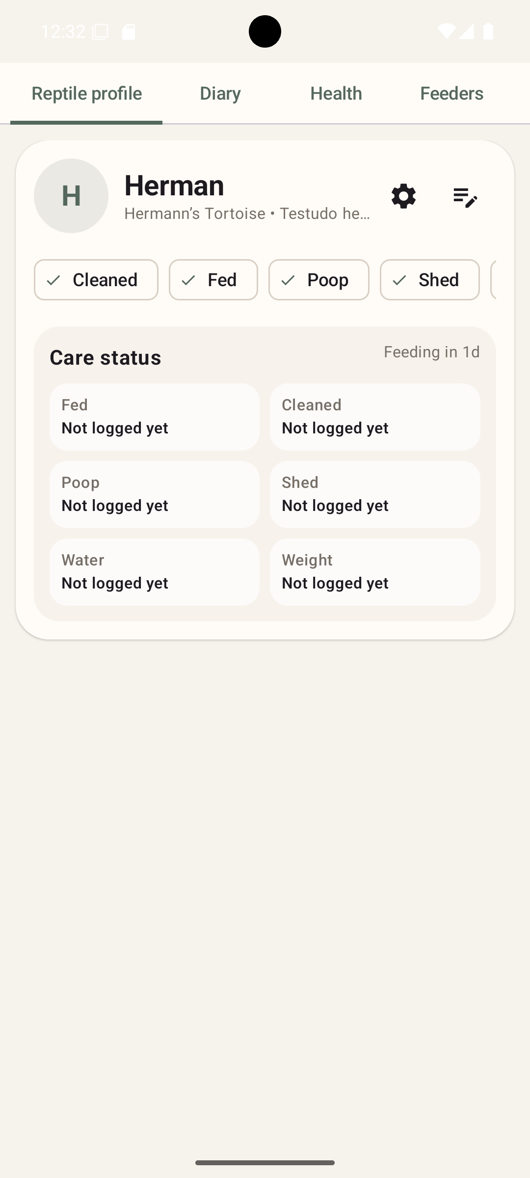 Reptile Reminders reptile profile and care status screen