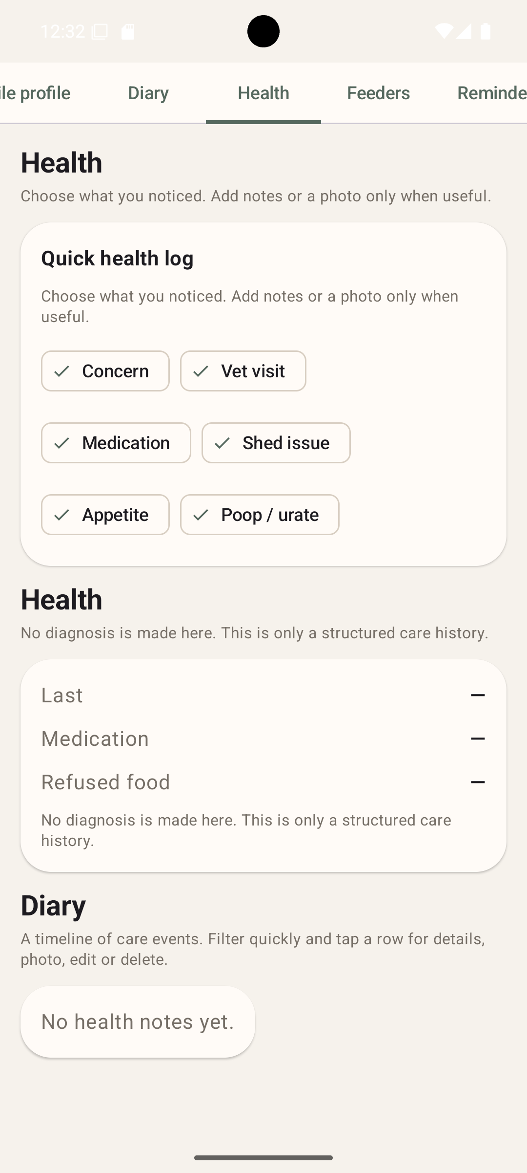Health log screen