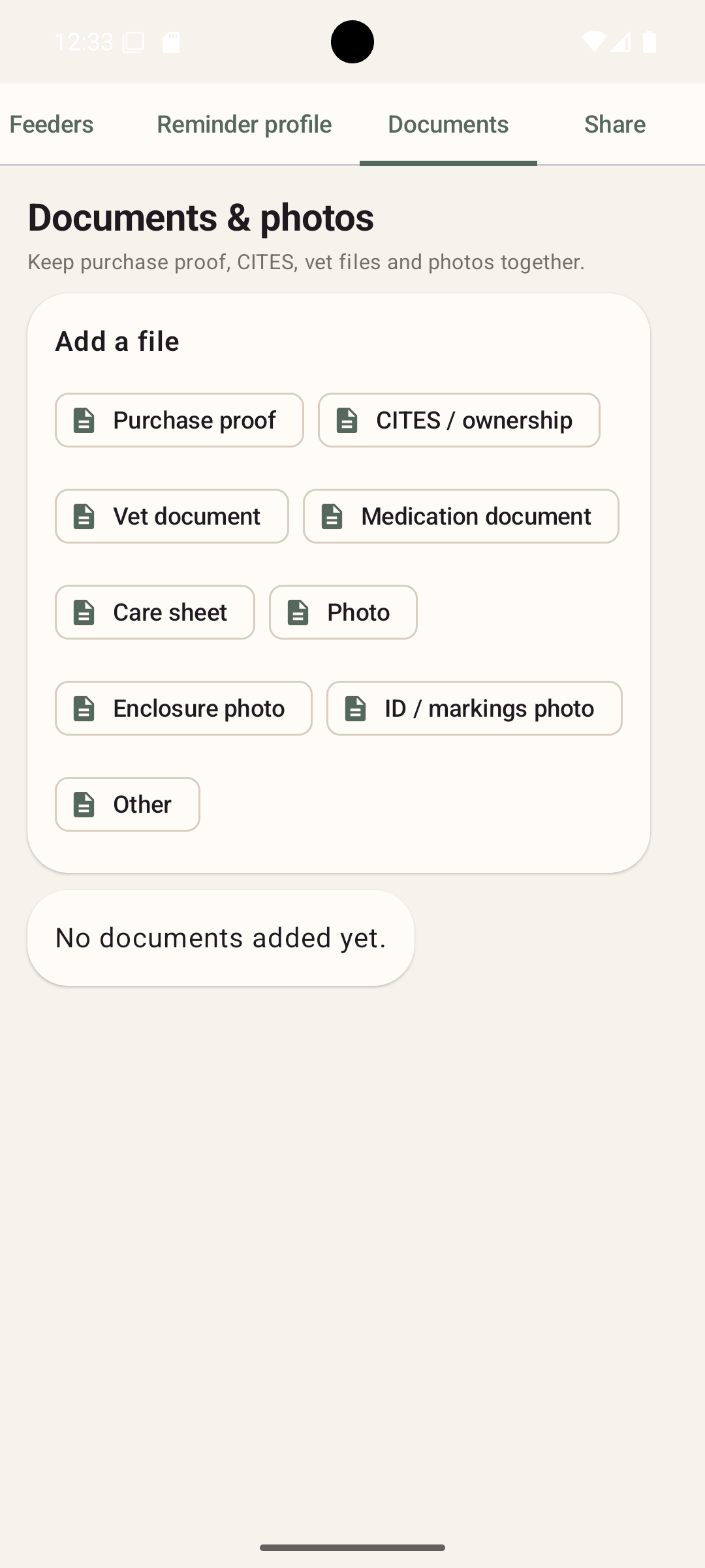 Reptile Reminders documents and photos screen